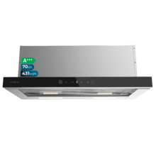 Bolero Flux TLT 704400 Glass Black A+++ Cecotec Campana Extractora Telescópica de 70cm, con 431,2m³/h de succión, Clase A+++, Control Táctil Invisible, Cristal Frontal en Negro, Cuerpo en Acero Inox, Motor DC,  Hand Movement Control, Función Booster, Filtros Lavables, Opción de filtros de carbono incluídos para recirculación.