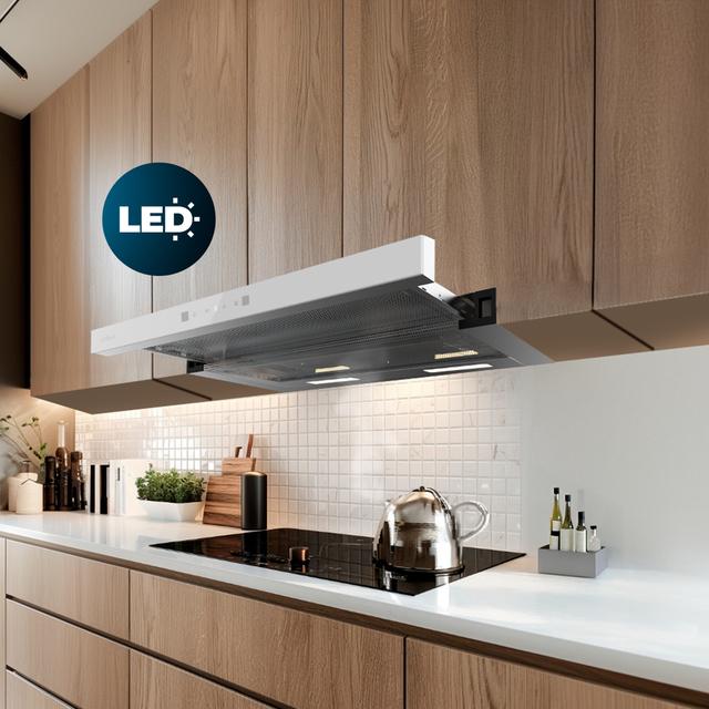 Bolero Flux TLT 704400 Glass White A+++ Cecotec Campana Extractora Telescópica de 70cm, con 431,2m³/h de succión, Clase A+++, Control Táctil Invisible, Cristal Frontal en Blanco, Cuerpo en Acero Inox, Motor DC,  Hand Movement Control, Función Booster, Filtros Lavables, Opción de filtros de carbono incluídos para recirculación.