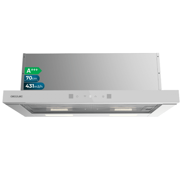 Bolero Flux TLT 704400 Glass White A+++ Cecotec Campana Extractora Telescópica de 70cm, con 431,2m³/h de succión, Clase A+++, Control Táctil Invisible, Cristal Frontal en Blanco, Cuerpo en Acero Inox, Motor DC,  Hand Movement Control, Función Booster, Filtros Lavables, Opción de filtros de carbono incluídos para recirculación.