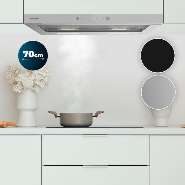 Bolero Flux TLT 704400 Glass White A+++ Cecotec Campana Extractora Telescópica de 70cm, con 431,2m³/h de succión, Clase A+++, Control Táctil Invisible, Cristal Frontal en Blanco, Cuerpo en Acero Inox, Motor DC,  Hand Movement Control, Función Booster, Filtros Lavables, Opción de filtros de carbono incluídos para recirculación.