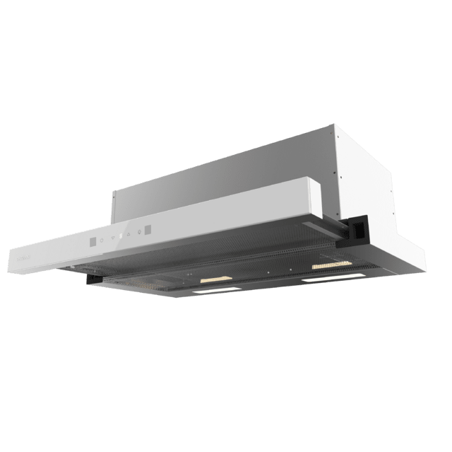 Bolero Flux TLT 704400 Glass White A+++ Cecotec Campana Extractora Telescópica de 70cm, con 431,2m³/h de succión, Clase A+++, Control Táctil Invisible, Cristal Frontal en Blanco, Cuerpo en Acero Inox, Motor DC,  Hand Movement Control, Función Booster, Filtros Lavables, Opción de filtros de carbono incluídos para recirculación.