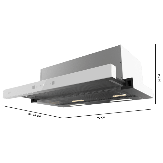 Bolero Flux TLT 704400 Glass White A+++ Cecotec Campana Extractora Telescópica de 70cm, con 431,2m³/h de succión, Clase A+++, Control Táctil Invisible, Cristal Frontal en Blanco, Cuerpo en Acero Inox, Motor DC,  Hand Movement Control, Función Booster, Filtros Lavables, Opción de filtros de carbono incluídos para recirculación.