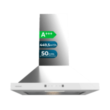 Bolero Flux PT 504400 Inox A++ Campana Extractora Piramidal de 50cm, con 449,5m³/h de succión, Clase A+++, Control Táctil Invisible, Acabado en Acero Inoxidable y frontal cristal blanco, Motor DC, Hand Movement Control, Función Booster, Filtros Lavables, Opción de filtros de carbono incluídos para recirculación.