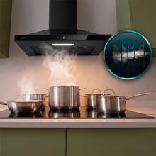Bolero Flux PT 504400 Black A+++Cecotec Bolero Flux PT 504400 Black A+++ Cappa aspirante piramidale da 50 cm, con 449,5 m³/h di aspirazione, Classe A+++, Controllo touch invisibile, Finitura in nero verniciato e frontale in vetro nero, Motore BLDC, Hand Movement Control, funzione Booster, filtri lavabili, opzione filtri al carbone inclusi per il ricircolo.