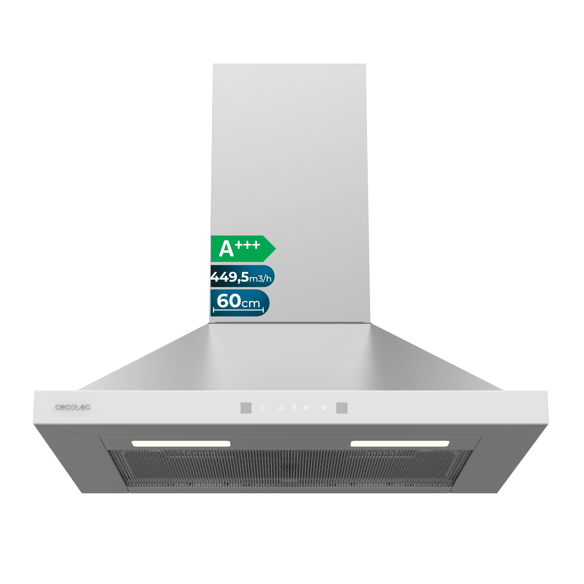 Bolero Flux PT 604400 Inox A+++ Cappa aspirante piramidale da 60 cm, con 449,5 m³/h di aspirazione, Classe A+++, Controllo touch invisibile, Finitura in acciaio inox e frontale in vetro bianco, Motore DC, Hand Movement Control, funzione Booster, filtri lavabili, opzione filtri al carbone inclusi per il ricircolo.