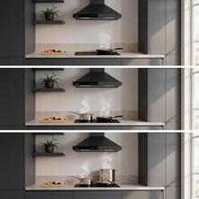 Bolero Flux PT 704400 Inox A+++ Hotte aspirante pyramidale , 70 cm, avec une puissance d'aspiration de 449,5 m³/h, classe A+++, contrôle tactile invisible, finition en acier inoxydable et façade en verre blanc, moteur DC, Hand Movement Control, fonction Booster, filtres lavables, option filtres à charbon inclus pour la recirculation.