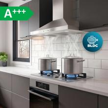 Bolero Flux PT 704400 Inox A+++ Cecotec campana Extractora Piramidal de 70cm, con 449,5m³/h de succión, Clase A+++, Control Táctil Invisible, Acabado en Acero Inoxidable y frontal cristal blanco, Motor BLDC, Hand Movement Control, Función Booster, Filtros Lavables, Opción de filtros de carbono incluídos para recirculación.