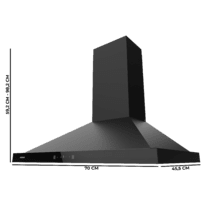 Bolero Flux PT 704400 Black A+++ Hotte aspirante pyramidale, 70 cm, avec une puissance d'aspiration de 449,5 m³/h, classe A+++, contrôle tactile invisible, finition en noir peint et façade en verre noir, moteur DC, Hand Movement Control, fonction Booster, filtres lavables, option filtres à charbon inclus pour la recirculation.