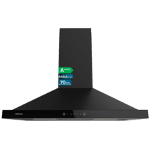 Bolero Flux PT 704400 Black A+++ Hotte aspirante pyramidale, 70 cm, avec une puissance d'aspiration de 449,5 m³/h, classe A+++, contrôle tactile invisible, finition en noir peint et façade en verre noir, moteur DC, Hand Movement Control, fonction Booster, filtres lavables, option filtres à charbon inclus pour la recirculation.