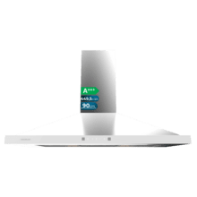 Bolero Flux PT 904400 Inox A+++ Hotte aspirante pyramidale, 90 cm, avec une puissance d'aspiration de 449,5 m³/h, classe A+++, contrôle tactile invisible, finition en acier inoxydable et façade en verre blanc, moteur DC, Hand Movement Control, fonction Booster, filtres lavables, option filtres à charbon inclus pour la recirculation.