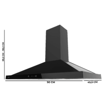 Bolero Flux PT 904400 Black A+++ Cappa aspirante piramidale da 90 cm, con 449,5 m³/h di aspirazione, Classe A+++, Controllo touch invisibile, Finitura in nero verniciato e frontale in vetro nero, Motore DC, Hand Movement Control, funzione Booster, filtri lavabili, opzione filtri al carbone inclusi per il ricircolo.