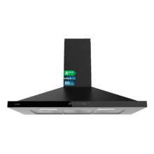 Bolero Flux PT 904400 Black A+++ Cappa aspirante piramidale da 90 cm, con 449,5 m³/h di aspirazione, Classe A+++, Controllo touch invisibile, Finitura in nero verniciato e frontale in vetro nero, Motore DC, Hand Movement Control, funzione Booster, filtri lavabili, opzione filtri al carbone inclusi per il ricircolo.