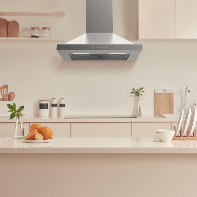 Bolero Flux PT 604000 Inox A+++ Cecotec Campana extractora Piramidal de 60cm de ancho, con 427,6m3/h de succión, 3 velocidades, SS Touch Control, acabado inoxidable, Clase Energética A+++, Motor DC, Luz Led, Filtros de Aluminio y Filtros de Carbono incluidos.