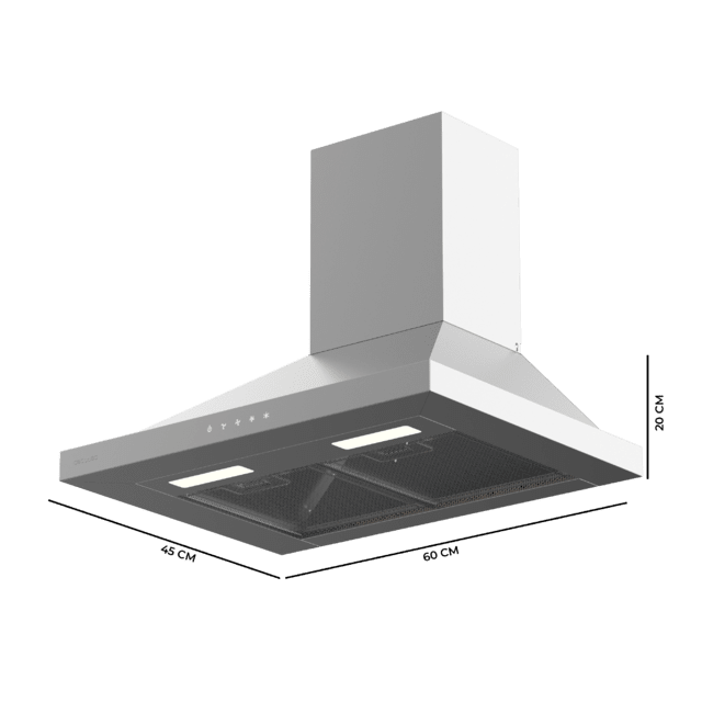 Bolero Flux PT 604000 Inox A+++ Cecotec Campana extractora Piramidal de 60cm de ancho, con 427,6m3/h de succión, 3 velocidades, SS Touch Control, acabado inoxidable, Clase Energética A+++, Motor DC, Luz Led, Filtros de Aluminio y Filtros de Carbono incluidos.