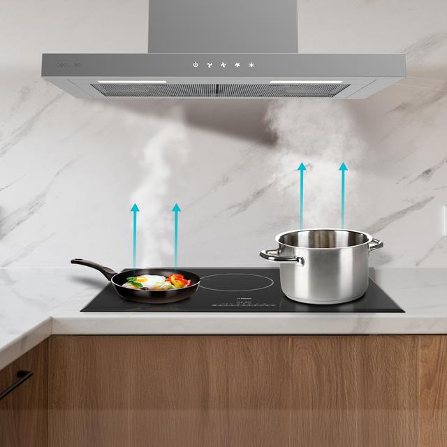 Bolero Flux TT 604000 Inox A++ Cecotec Campana extractora "T" de 60cm de ancho, con 393m3/h de succión, 3 velocidades, SS Touch Control, acabado inoxidable, Clase Energética A++, Motor DC, Luz Led, Filtros de Aluminio y Filtros de Carbono incluidos.