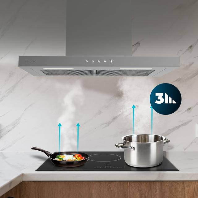 Bolero Flux TT 604000 Inox A++ Cecotec Campana extractora "T" de 60cm de ancho, con 393m3/h de succión, 3 velocidades, SS Touch Control, acabado inoxidable, Clase Energética A++, Motor DC, Luz Led, Filtros de Aluminio y Filtros de Carbono incluidos.