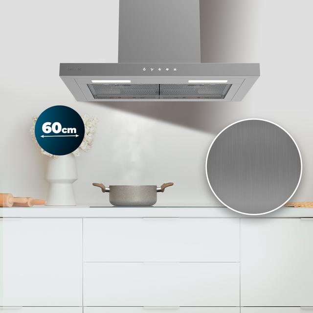 Bolero Flux TT 604000 Inox A++ Cecotec Campana extractora "T" de 60cm de ancho, con 393m3/h de succión, 3 velocidades, SS Touch Control, acabado inoxidable, Clase Energética A++, Motor DC, Luz Led, Filtros de Aluminio y Filtros de Carbono incluidos.