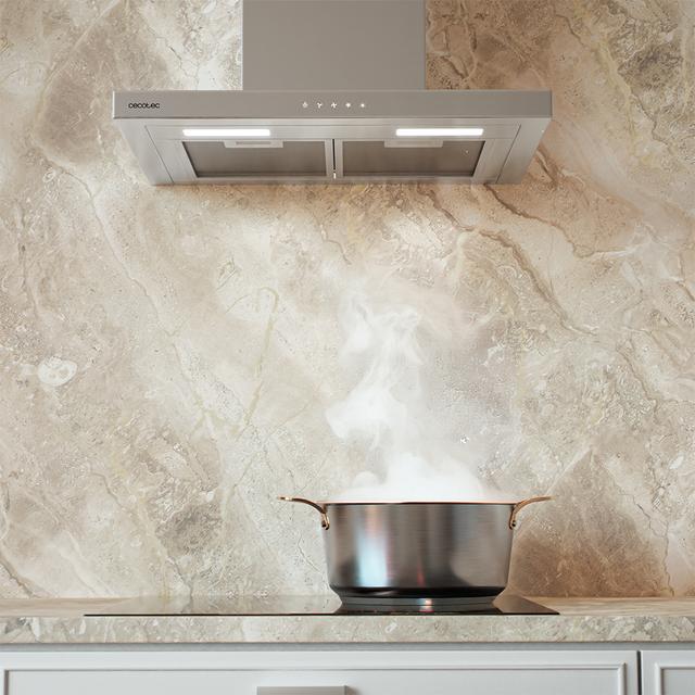 Bolero Flux TT 604000 Inox A++ Cecotec Campana extractora "T" de 60cm de ancho, con 393m3/h de succión, 3 velocidades, SS Touch Control, acabado inoxidable, Clase Energética A++, Motor DC, Luz Led, Filtros de Aluminio y Filtros de Carbono incluidos.