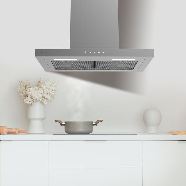 Bolero Flux TT 604000 Inox A++ Cecotec Campana extractora "T" de 60cm de ancho, con 393m3/h de succión, 3 velocidades, SS Touch Control, acabado inoxidable, Clase Energética A++, Motor DC, Luz Led, Filtros de Aluminio y Filtros de Carbono incluidos.