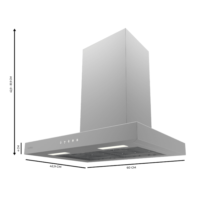 Bolero Flux TT 604000 Inox A++ Cecotec Campana extractora "T" de 60cm de ancho, con 393m3/h de succión, 3 velocidades, SS Touch Control, acabado inoxidable, Clase Energética A++, Motor DC, Luz Led, Filtros de Aluminio y Filtros de Carbono incluidos.