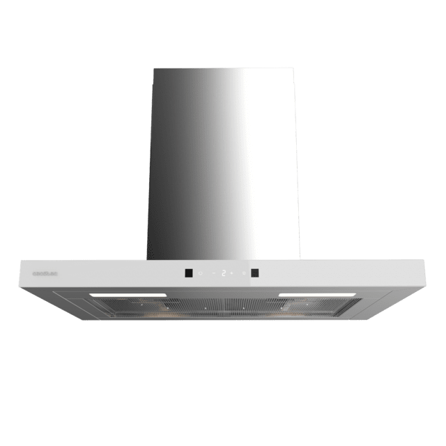 Bolero Flux TT 604400 Inox A++ Hotte aspirante en T, 60 cm, avec une puissance d'aspiration de 413,3 m³/h, classe A++, contrôle tactile invisible, finition en acier inoxydable et façade en verre blanc, moteur BLDC, Hand Movement Control, fonction Booster, filtres lavables, option filtres à charbon inclus pour la recirculation.