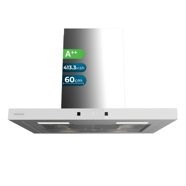 Bolero Flux TT 604400 Inox A++ Hotte aspirante en T, 60 cm, avec une puissance d'aspiration de 413,3 m³/h, classe A++, contrôle tactile invisible, finition en acier inoxydable et façade en verre blanc, moteur BLDC, Hand Movement Control, fonction Booster, filtres lavables, option filtres à charbon inclus pour la recirculation.