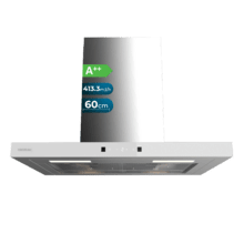 Bolero Flux TT 604400 Inox A++ Hotte aspirante en T, 60 cm, avec une puissance d'aspiration de 413,3 m³/h, classe A++, contrôle tactile invisible, finition en acier inoxydable et façade en verre blanc, moteur BLDC, Hand Movement Control, fonction Booster, filtres lavables, option filtres à charbon inclus pour la recirculation.