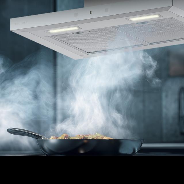 Bolero Flux TT 604400 Inox A++ Hotte aspirante en T, 60 cm, avec une puissance d'aspiration de 413,3 m³/h, classe A++, contrôle tactile invisible, finition en acier inoxydable et façade en verre blanc, moteur BLDC, Hand Movement Control, fonction Booster, filtres lavables, option filtres à charbon inclus pour la recirculation.