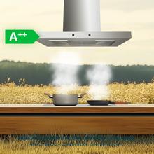 Bolero Flux TT 604400 Inox A++ Hotte aspirante en T, 60 cm, avec une puissance d'aspiration de 413,3 m³/h, classe A++, contrôle tactile invisible, finition en acier inoxydable et façade en verre blanc, moteur BLDC, Hand Movement Control, fonction Booster, filtres lavables, option filtres à charbon inclus pour la recirculation.