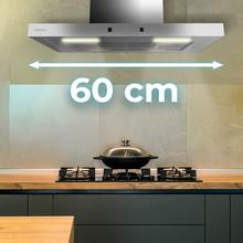 Bolero Flux TT 604400 Inox A++ Hotte aspirante en T, 60 cm, avec une puissance d'aspiration de 413,3 m³/h, classe A++, contrôle tactile invisible, finition en acier inoxydable et façade en verre blanc, moteur BLDC, Hand Movement Control, fonction Booster, filtres lavables, option filtres à charbon inclus pour la recirculation.