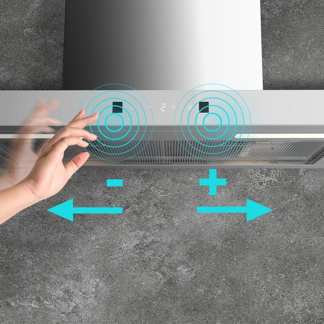 Bolero Flux TT 604400 Inox A++ Hotte aspirante en T, 60 cm, avec une puissance d'aspiration de 413,3 m³/h, classe A++, contrôle tactile invisible, finition en acier inoxydable et façade en verre blanc, moteur BLDC, Hand Movement Control, fonction Booster, filtres lavables, option filtres à charbon inclus pour la recirculation.