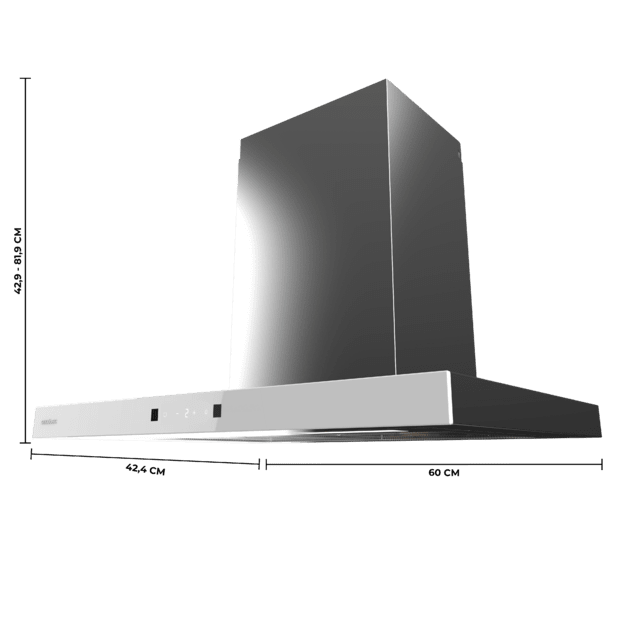 Bolero Flux TT 604400 Inox A++ Hotte aspirante en T, 60 cm, avec une puissance d'aspiration de 413,3 m³/h, classe A++, contrôle tactile invisible, finition en acier inoxydable et façade en verre blanc, moteur BLDC, Hand Movement Control, fonction Booster, filtres lavables, option filtres à charbon inclus pour la recirculation.