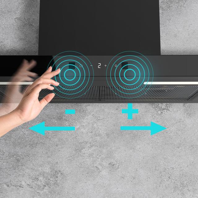 Bolero Flux TT 604400 Black A++ Hotte aspirante en T, 60 cm, avec une puissance d'aspiration de 413,3 m³/h, classe A++, contrôle tactile invisible, finition noire et façade en verre noir, moteur DC, Hand Movement Control, fonction Booster, filtres lavables, option filtres à charbon inclus pour la recirculation.