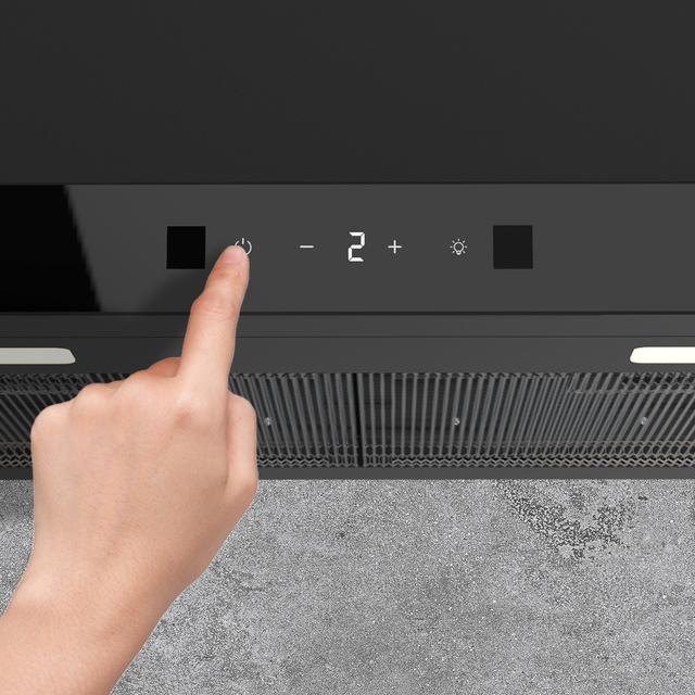 Bolero Flux TT 604400 Black A++ Hotte aspirante en T, 60 cm, avec une puissance d'aspiration de 413,3 m³/h, classe A++, contrôle tactile invisible, finition noire et façade en verre noir, moteur DC, Hand Movement Control, fonction Booster, filtres lavables, option filtres à charbon inclus pour la recirculation.