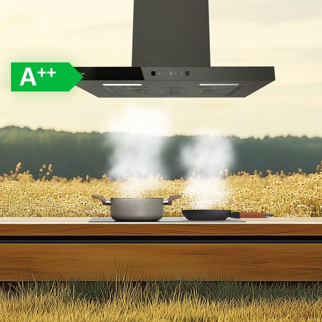 Bolero Flux TT 604400 Black A++ Hotte aspirante en T, 60 cm, avec une puissance d'aspiration de 413,3 m³/h, classe A++, contrôle tactile invisible, finition noire et façade en verre noir, moteur DC, Hand Movement Control, fonction Booster, filtres lavables, option filtres à charbon inclus pour la recirculation.