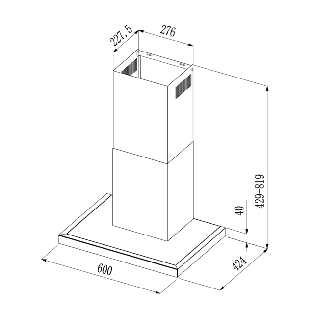 Bolero Flux TT 604400 Black A++ Hotte aspirante en T, 60 cm, avec une puissance d'aspiration de 413,3 m³/h, classe A++, contrôle tactile invisible, finition noire et façade en verre noir, moteur DC, Hand Movement Control, fonction Booster, filtres lavables, option filtres à charbon inclus pour la recirculation.