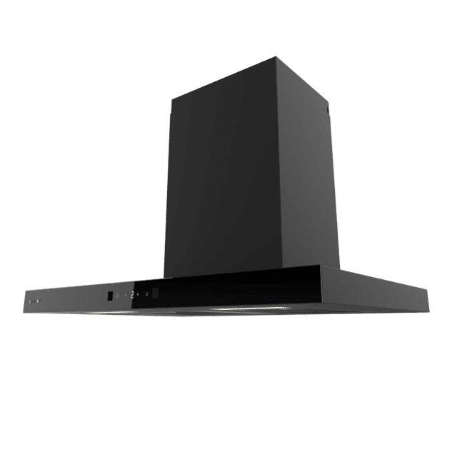 Bolero Flux TT 604400 Black A++ Hotte aspirante en T, 60 cm, avec une puissance d'aspiration de 413,3 m³/h, classe A++, contrôle tactile invisible, finition noire et façade en verre noir, moteur DC, Hand Movement Control, fonction Booster, filtres lavables, option filtres à charbon inclus pour la recirculation.