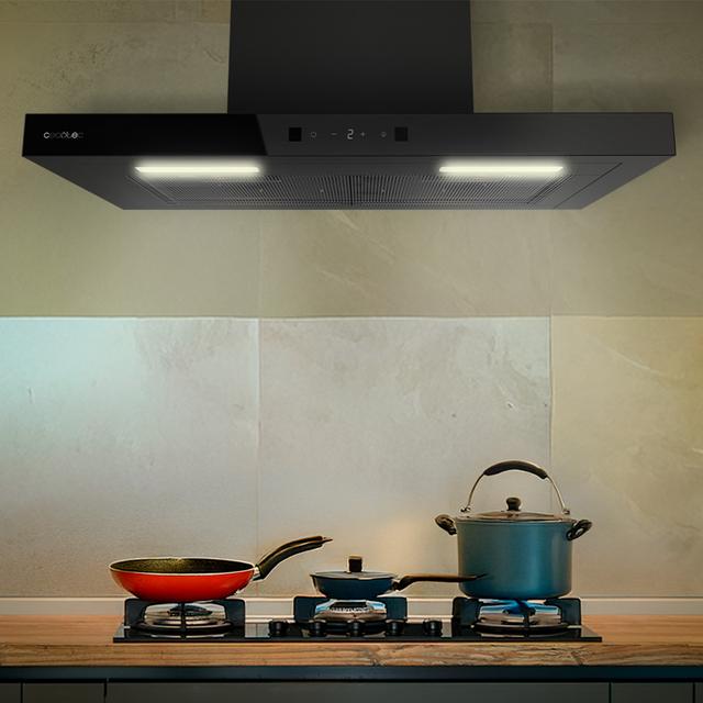 Bolero Flux TT 604400 Black A++ Hotte aspirante en T, 60 cm, avec une puissance d'aspiration de 413,3 m³/h, classe A++, contrôle tactile invisible, finition noire et façade en verre noir, moteur DC, Hand Movement Control, fonction Booster, filtres lavables, option filtres à charbon inclus pour la recirculation.