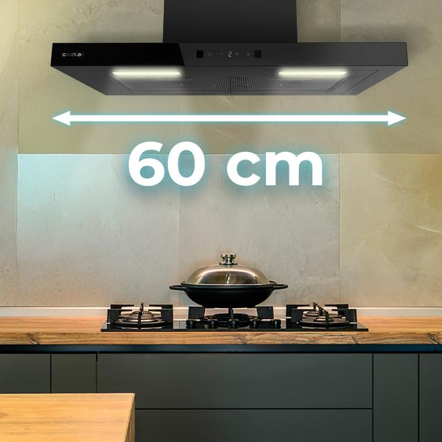 Bolero Flux TT 604400 Black A++ Hotte aspirante en T, 60 cm, avec une puissance d'aspiration de 413,3 m³/h, classe A++, contrôle tactile invisible, finition noire et façade en verre noir, moteur DC, Hand Movement Control, fonction Booster, filtres lavables, option filtres à charbon inclus pour la recirculation.