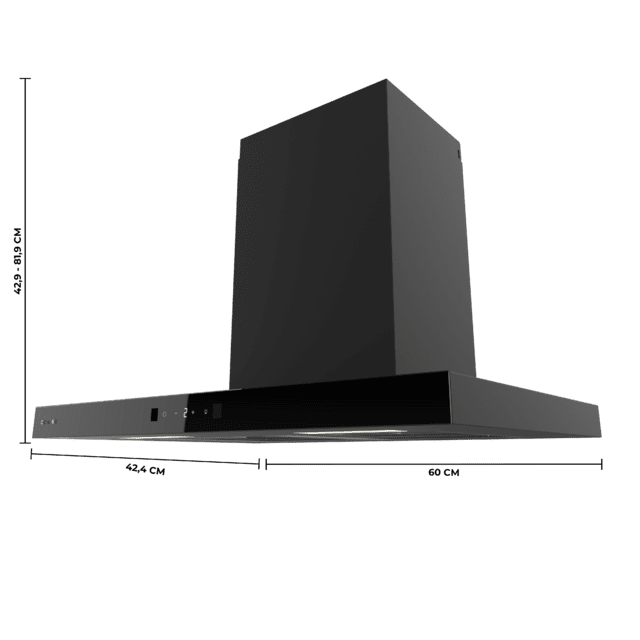 Bolero Flux TT 604400 Black A++ Hotte aspirante en T, 60 cm, avec une puissance d'aspiration de 413,3 m³/h, classe A++, contrôle tactile invisible, finition noire et façade en verre noir, moteur DC, Hand Movement Control, fonction Booster, filtres lavables, option filtres à charbon inclus pour la recirculation.