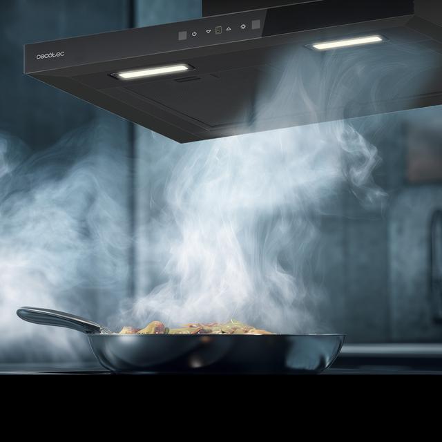 Bolero Flux TT 604400 Black A++ Hotte aspirante en T, 60 cm, avec une puissance d'aspiration de 413,3 m³/h, classe A++, contrôle tactile invisible, finition noire et façade en verre noir, moteur DC, Hand Movement Control, fonction Booster, filtres lavables, option filtres à charbon inclus pour la recirculation.