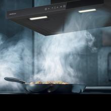 Bolero Flux TT 604400 Black A++ Hotte aspirante en T, 60 cm, avec une puissance d'aspiration de 413,3 m³/h, classe A++, contrôle tactile invisible, finition noire et façade en verre noir, moteur DC, Hand Movement Control, fonction Booster, filtres lavables, option filtres à charbon inclus pour la recirculation.