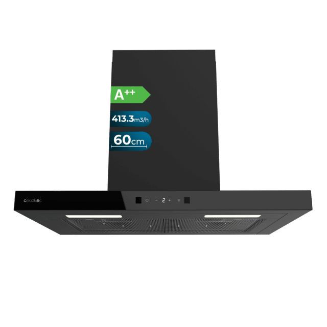Bolero Flux TT 604400 Black A++ Hotte aspirante en T, 60 cm, avec une puissance d'aspiration de 413,3 m³/h, classe A++, contrôle tactile invisible, finition noire et façade en verre noir, moteur DC, Hand Movement Control, fonction Booster, filtres lavables, option filtres à charbon inclus pour la recirculation.