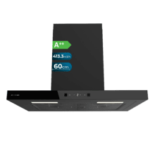 Bolero Flux TT 604400 Black A++ Hotte aspirante en T, 60 cm, avec une puissance d'aspiration de 413,3 m³/h, classe A++, contrôle tactile invisible, finition noire et façade en verre noir, moteur DC, Hand Movement Control, fonction Booster, filtres lavables, option filtres à charbon inclus pour la recirculation.
