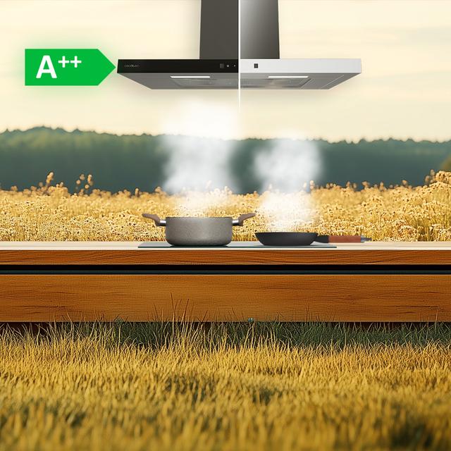 Bolero Flux TT 704400 Inox A++ Hotte aspirante en T, 70 cm, avec une puissance d'aspiration de 413,3 m³/h, classe A++, contrôle tactile invisible, finition en acier inoxydable et façade en verre blanc, moteur BLDC, Hand Movement Control, fonction Booster, filtres lavables, option filtres à charbon inclus pour la recirculation.