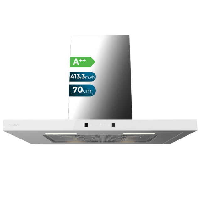 Bolero Flux TT 704400 Inox A++ Hotte aspirante en T, 70 cm, avec une puissance d'aspiration de 413,3 m³/h, classe A++, contrôle tactile invisible, finition en acier inoxydable et façade en verre blanc, moteur BLDC, Hand Movement Control, fonction Booster, filtres lavables, option filtres à charbon inclus pour la recirculation.