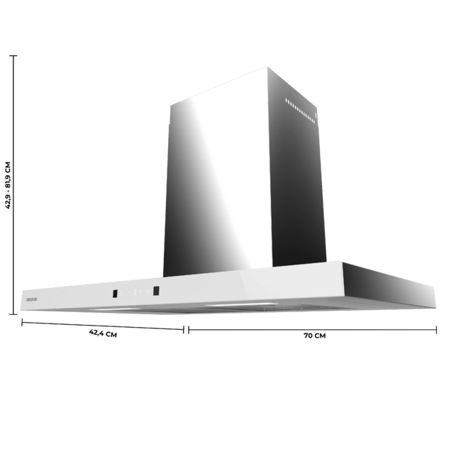 Bolero Flux TT 704400 Inox A++ Hotte aspirante en T, 70 cm, avec une puissance d'aspiration de 413,3 m³/h, classe A++, contrôle tactile invisible, finition en acier inoxydable et façade en verre blanc, moteur BLDC, Hand Movement Control, fonction Booster, filtres lavables, option filtres à charbon inclus pour la recirculation.