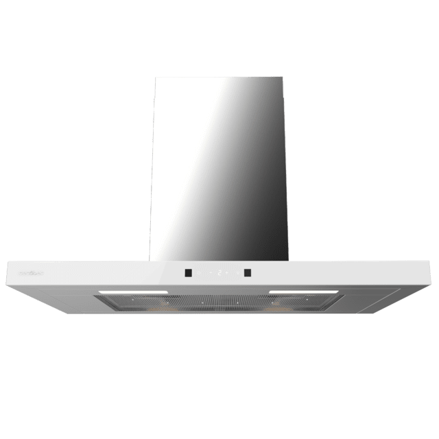 Bolero Flux TT 704400 Inox A++ Hotte aspirante en T, 70 cm, avec une puissance d'aspiration de 413,3 m³/h, classe A++, contrôle tactile invisible, finition en acier inoxydable et façade en verre blanc, moteur BLDC, Hand Movement Control, fonction Booster, filtres lavables, option filtres à charbon inclus pour la recirculation.