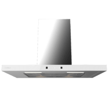 Bolero Flux TT 704400 Inox A++ Hotte aspirante en T, 70 cm, avec une puissance d'aspiration de 413,3 m³/h, classe A++, contrôle tactile invisible, finition en acier inoxydable et façade en verre blanc, moteur BLDC, Hand Movement Control, fonction Booster, filtres lavables, option filtres à charbon inclus pour la recirculation.