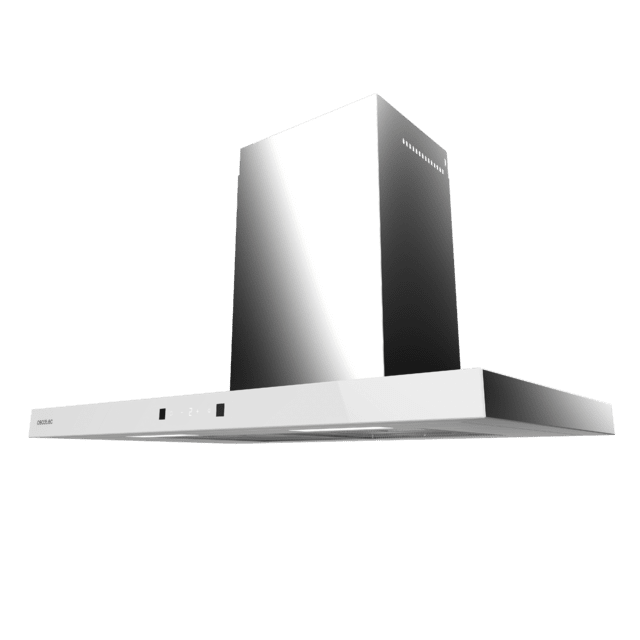 Bolero Flux TT 704400 Inox A++ Hotte aspirante en T, 70 cm, avec une puissance d'aspiration de 413,3 m³/h, classe A++, contrôle tactile invisible, finition en acier inoxydable et façade en verre blanc, moteur BLDC, Hand Movement Control, fonction Booster, filtres lavables, option filtres à charbon inclus pour la recirculation.